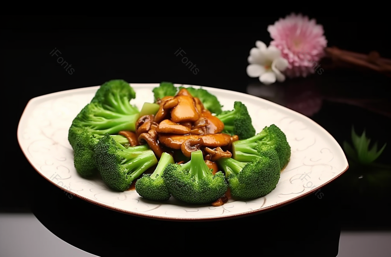 拍摄西蓝花翡翠扒三菇香菇片花摆拍白盘黑桌,高清,摄影图,摄影图片,图片大全,摄影图免费下载